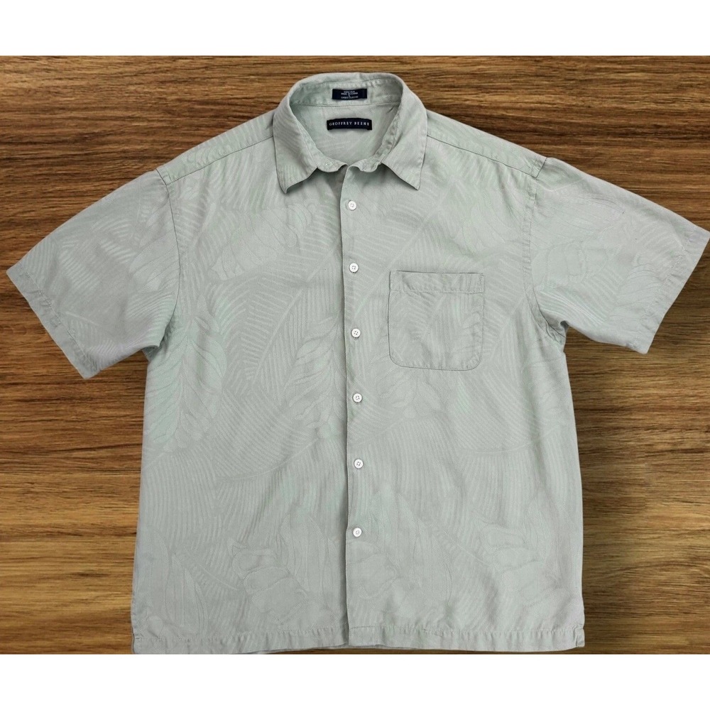 Geoffrey Beene Silk Shirt Mens L Green Button Up Palm Print Short Sleeve Top